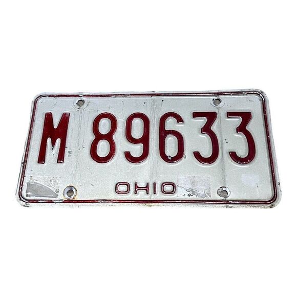 Vintage Ohio Collectible License Plate White Red Expired Original Tag # M 89633 - Picture 1 of 3